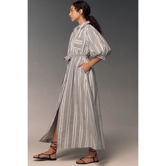 Anthropologie MAEVE Mona Tie Waist Shirt Dress Blue White Stripe Maxi Medium - Picture 5 of 16
